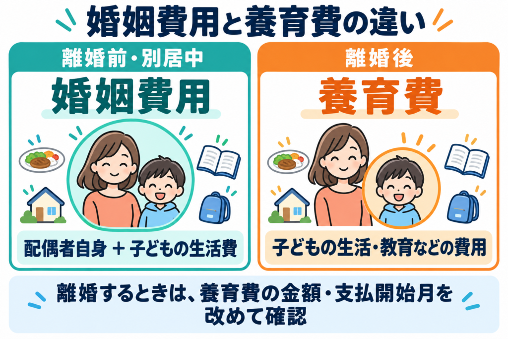 婚姻費用は配偶者自身と子どもの生活費、離婚後の養育費は子どもの生活・教育などの費用。離婚時には養育費の金額と支払開始月を改めて確認します。