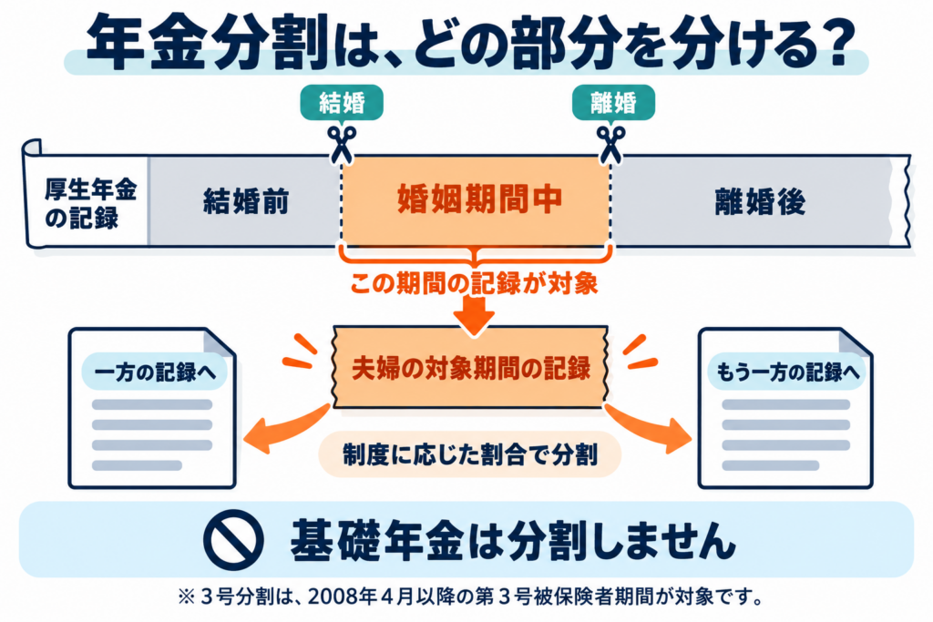 結婚から離婚までの厚生年金の記録が分割対象となり、結婚前・離婚後の記録は対象外となることを示した図。