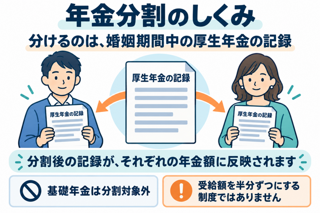 婚姻期間中の厚生年金の記録を分割し、それぞれの年金額に反映する仕組み。基礎年金は分割対象外。
