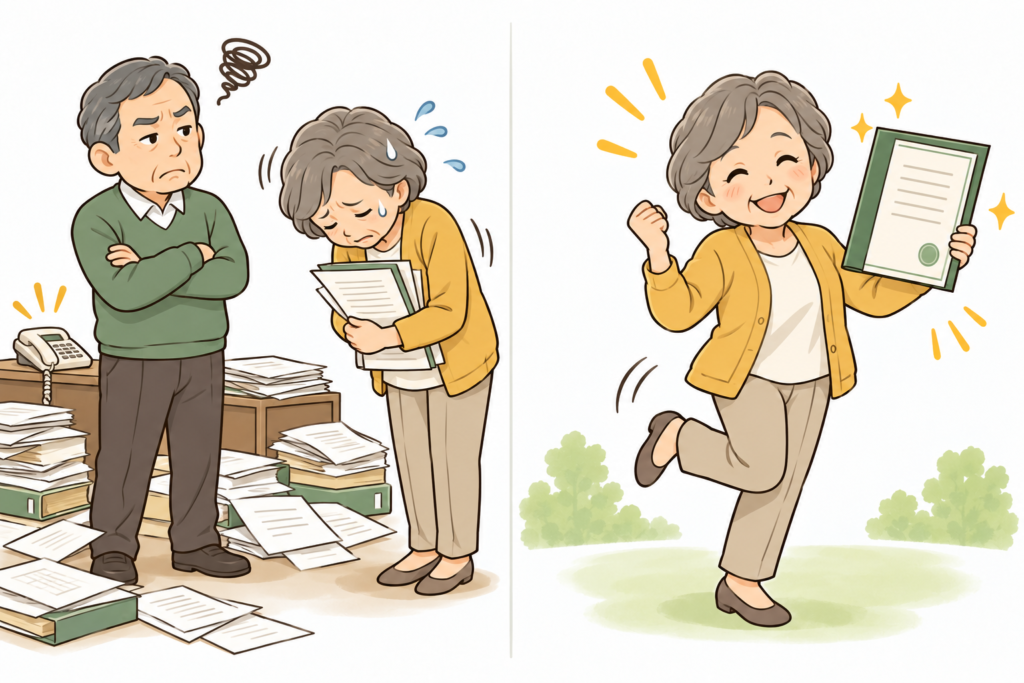 夫の兄弟姉妹への連絡や書類の調整に苦労する高齢の妻