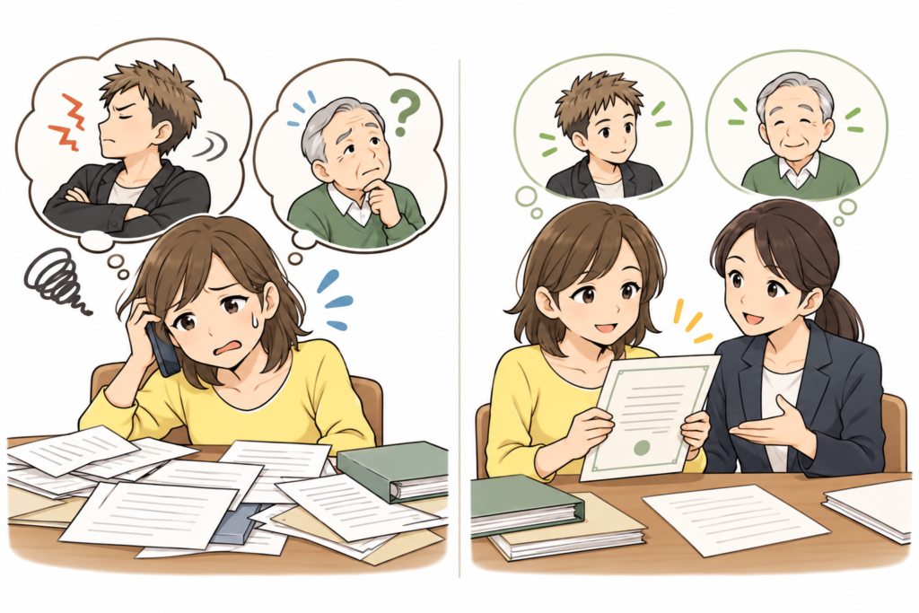 事情の異なる相続人への連絡に苦労する女性