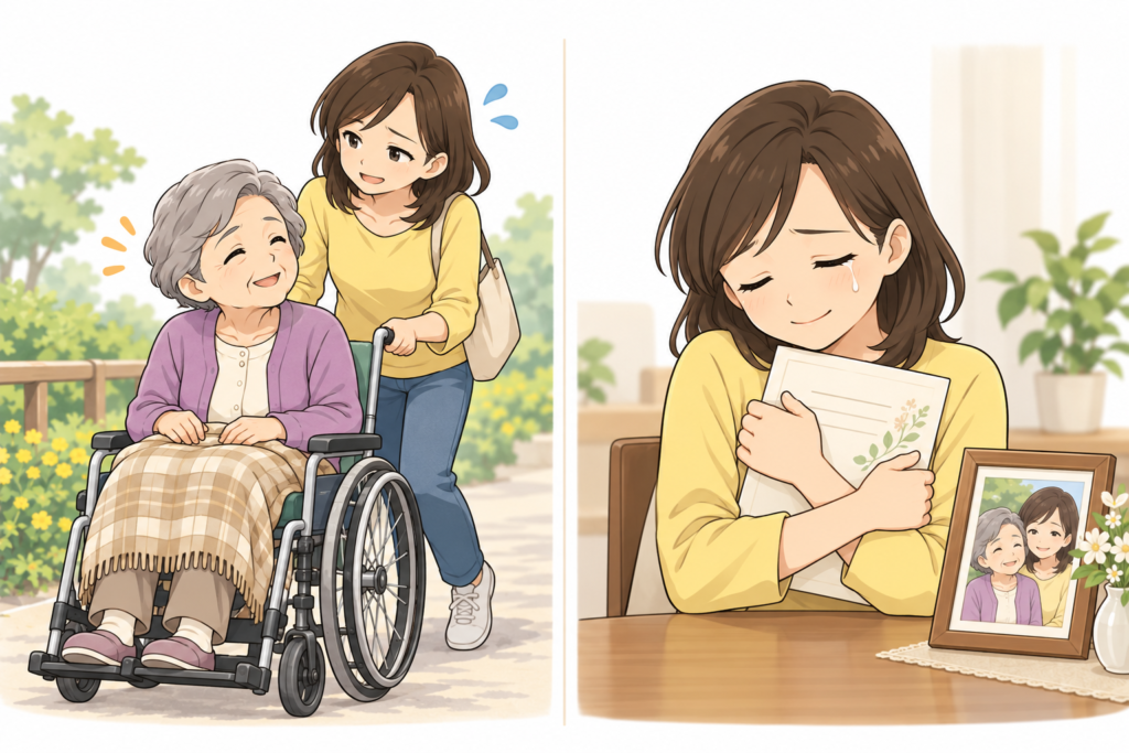 高齢の母の車椅子を押し、日々の介護を支える娘