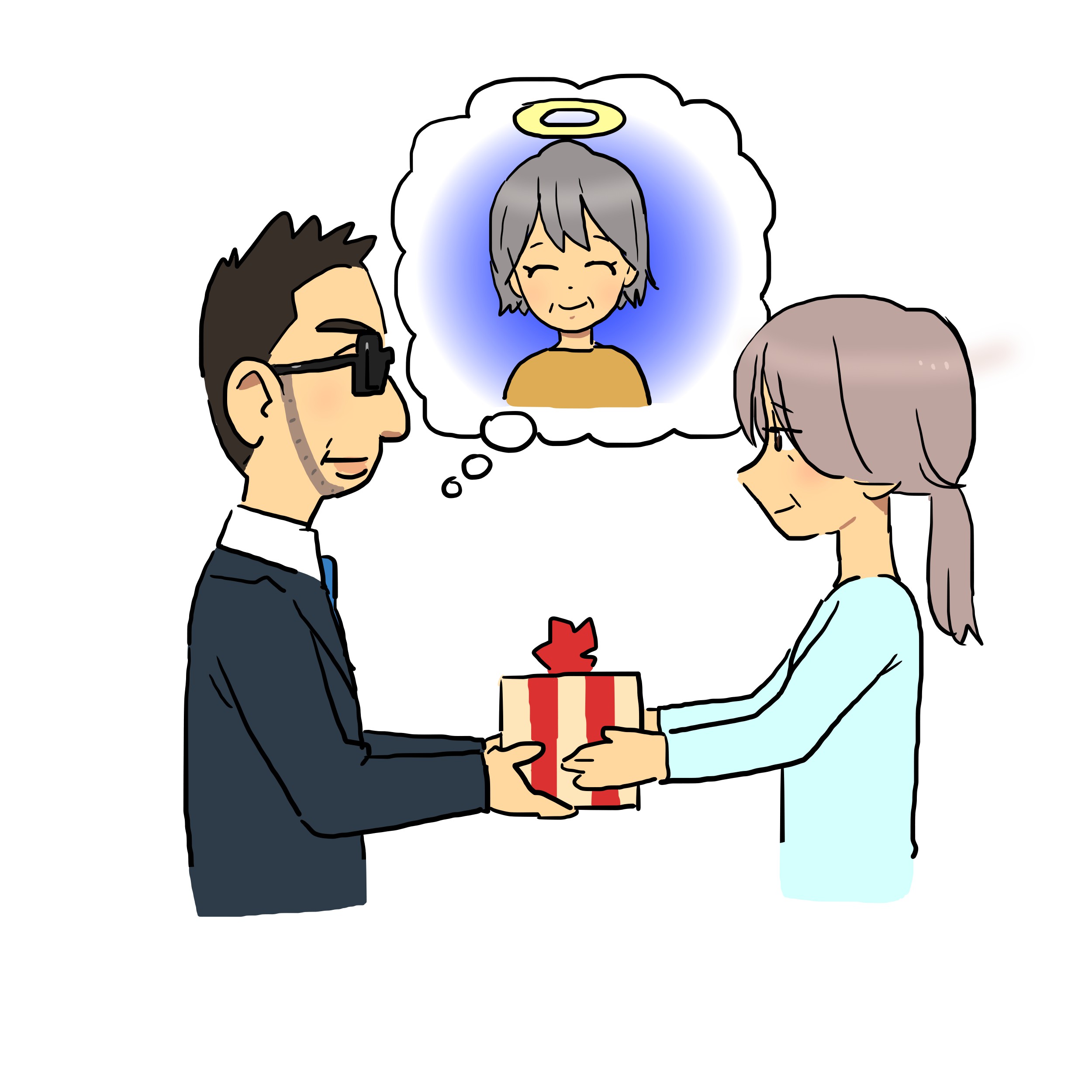 亡くなったパートナーの意思に沿い、行政書士が残された方へ財産を引き継ぐイラスト