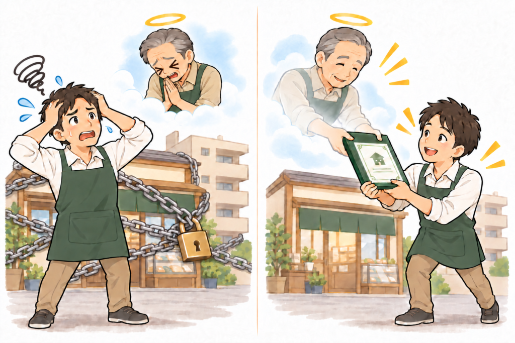 鎖と南京錠で閉ざされた店の前で困る息子と、雲の上から手を合わせて謝る亡き父