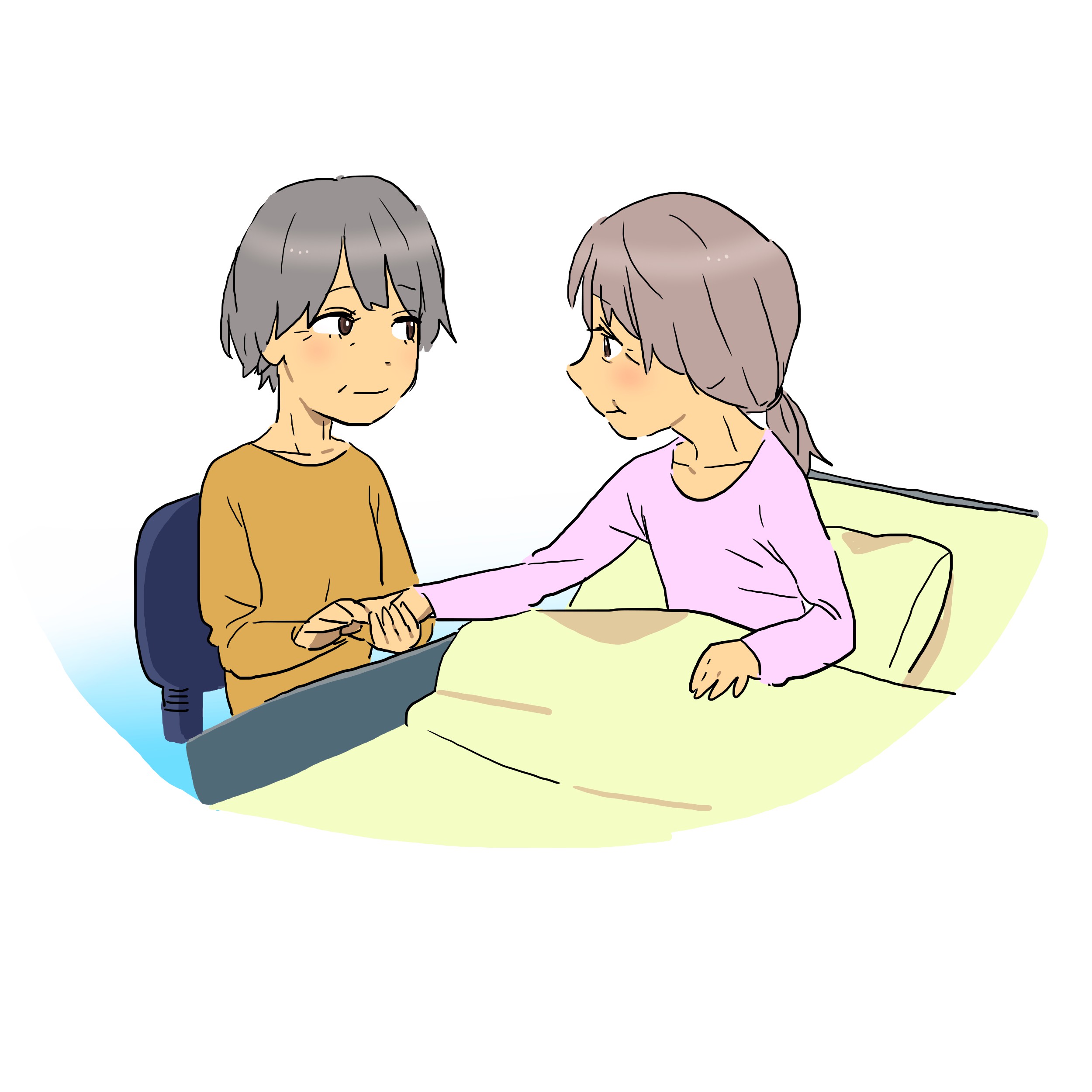 入院・療養中のパートナーに寄り添い、手を取る二人のイラスト