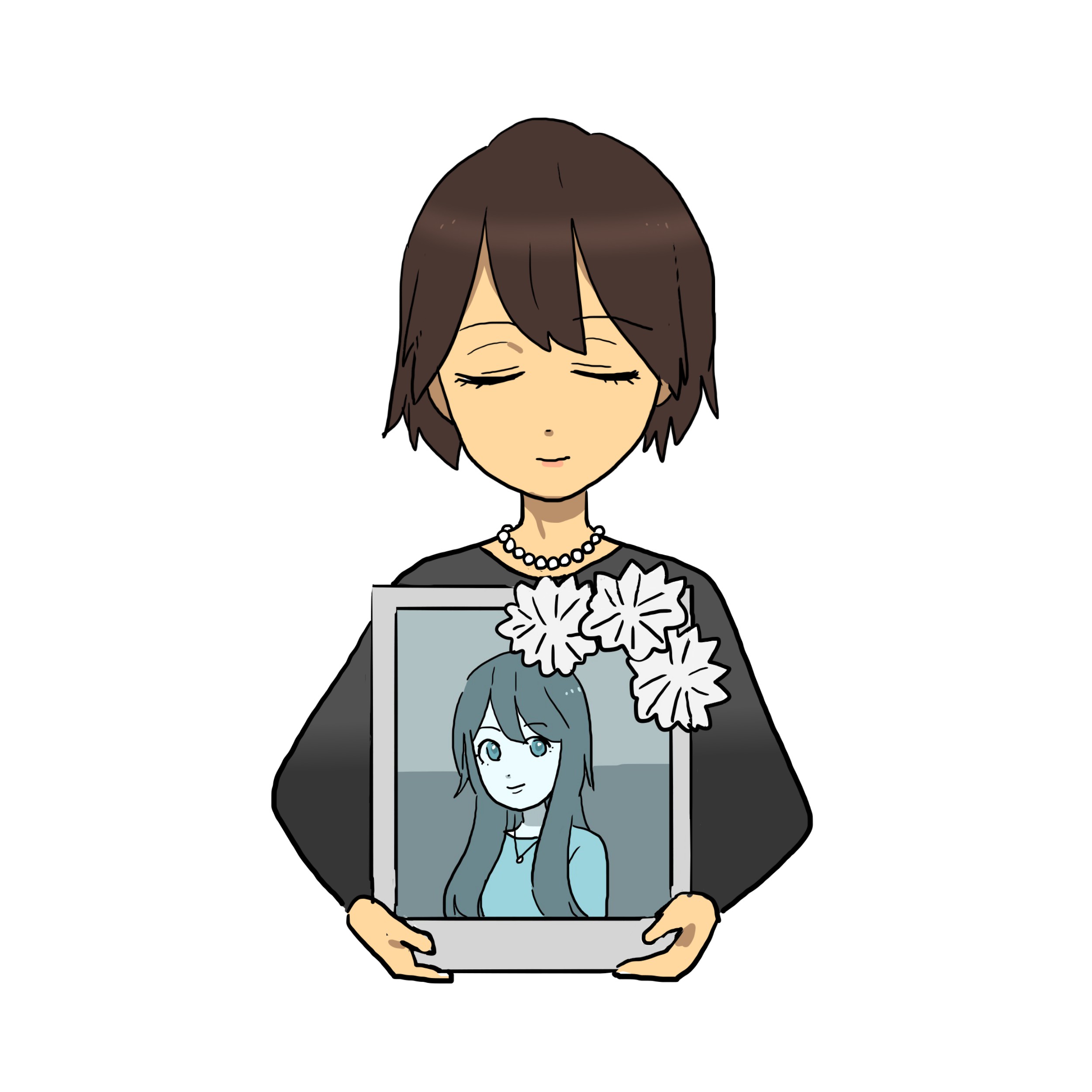 遺影を抱き、大切なパートナーを見送る女性のイラスト