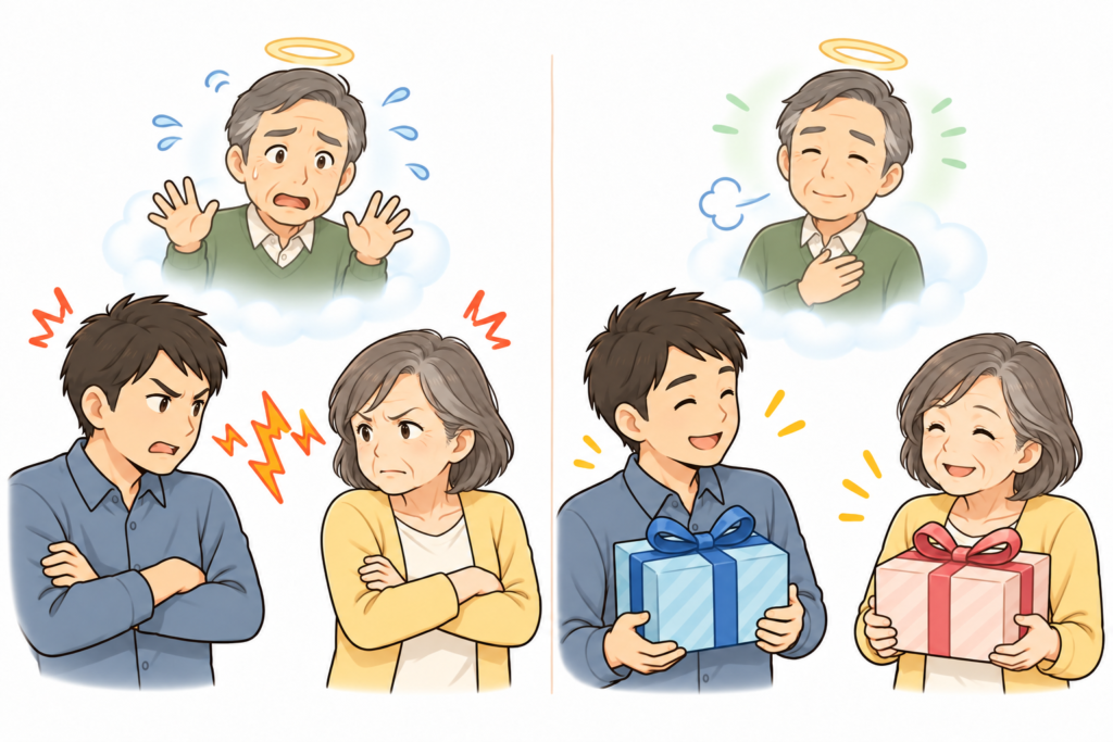 現在の妻と前の結婚で生まれた子が対立し、亡き父が心配する場面