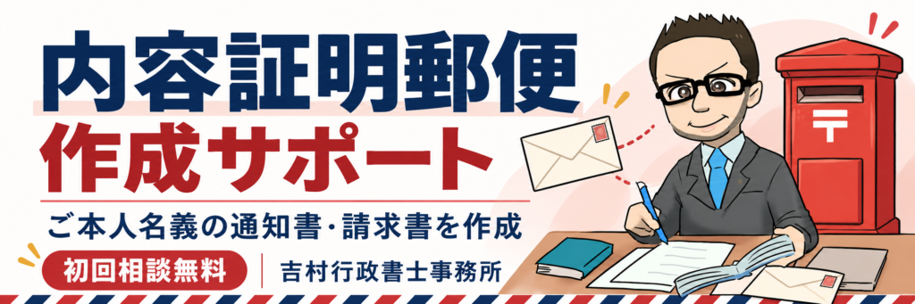 内容証明郵便の作成サポート。ご本人名義の通知書・請求書を作成する吉村行政書士事務所。初回相談無料。